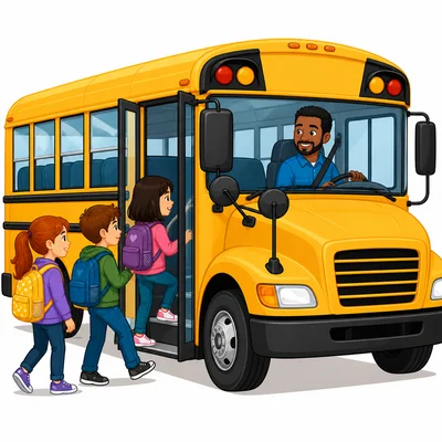 A bus driver taking children to school.