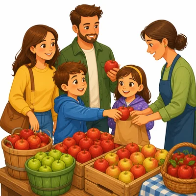 A family buying apples at a market.