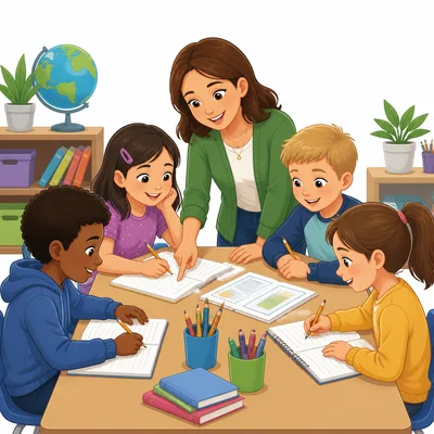 A teacher helping students in a classroom.