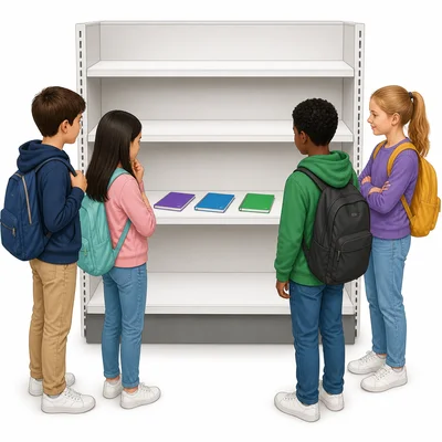 Students gather near a store shelf with only a few notebooks left.