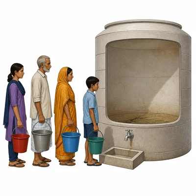 People wait with buckets near a nearly empty water container during a drought.