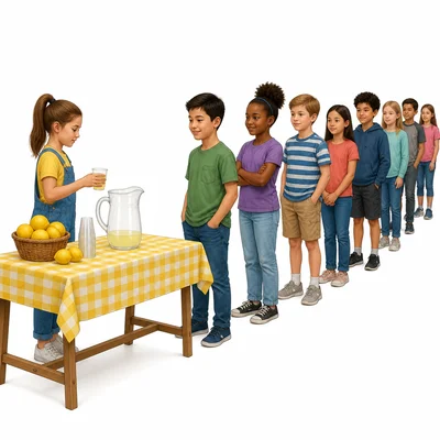 A long line waits at a lemonade table with a nearly empty pitcher.