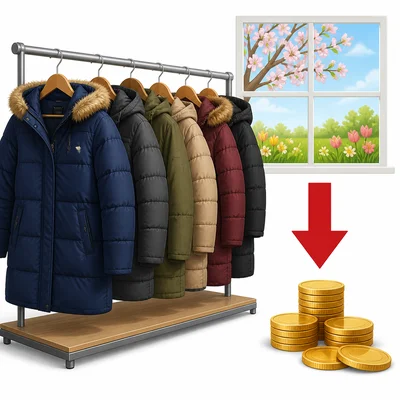 Many winter coats remain in a store during spring, with a downward arrow near coins.