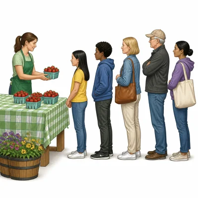 Many shoppers wait for a small supply of strawberry baskets at a market.