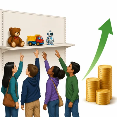 A few toys remain on a shelf while shoppers want them, with an upward arrow near coins.