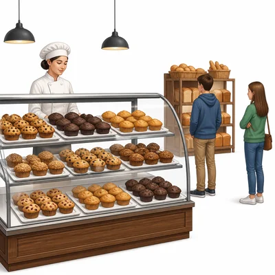 A bakery counter has many unsold muffins and very few customers.