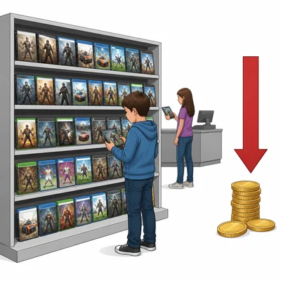 A store shelf is full of old game cases, with few customers and a downward arrow near coins.