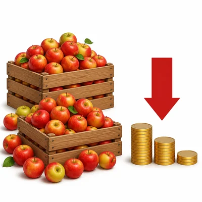 Crates overflow with apples, with a downward arrow near coins showing lower prices.