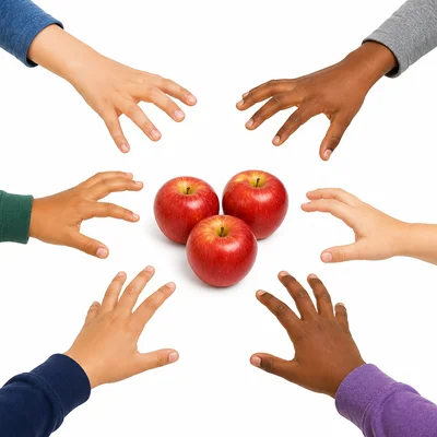 Several hands reach for only a few apples, showing scarcity.