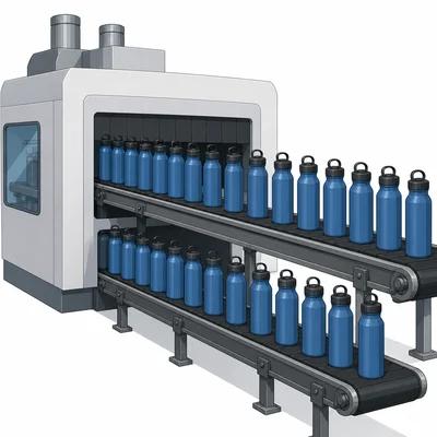 A factory conveyor belt produces many water bottles.