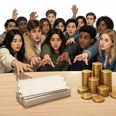 A large crowd wants a small stack of concert tickets with coins nearby.