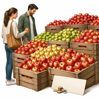 Overflowing crates of apples sit at a market with few shoppers.