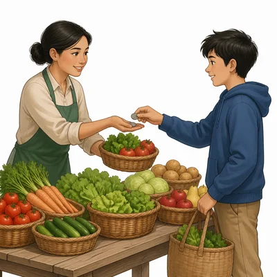 A vendor and customer exchange coins and goods at a market stall.
