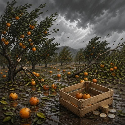 A storm damages orange trees, leaving fewer oranges to sell.