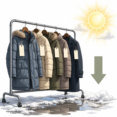 Winter coats hang on a rack as snow melts and prices drop.