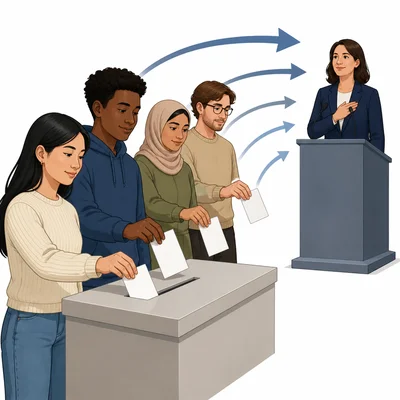 Voters place ballots in a box while an elected leader stands nearby.