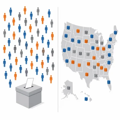 A diagram contrasts individual voters with a U.S. map showing state-based electoral votes.