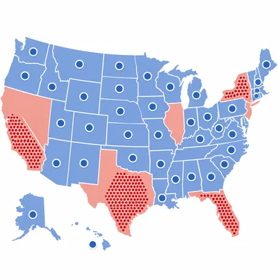 A map shows many popular votes in some states but more electoral support spread across other states.