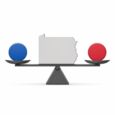 A state balances evenly between two campaign colors, representing a swing state.
