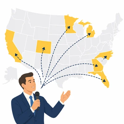 A candidate’s campaign route focuses on highlighted swing states.