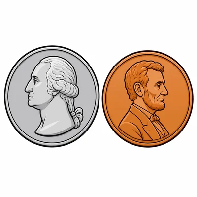 A silver Washington coin and a copper Lincoln coin.