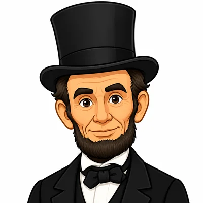 Cartoon portrait of Abraham Lincoln wearing a tall hat.