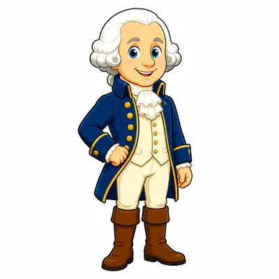 George Washington standing in colonial clothing.