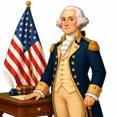 George Washington standing beside a desk with a flag behind him.