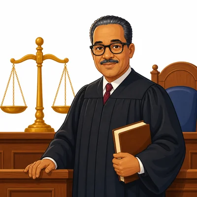 Thurgood Marshall standing in a courtroom near scales of justice.