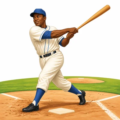 Jackie Robinson swinging a bat on a baseball field.