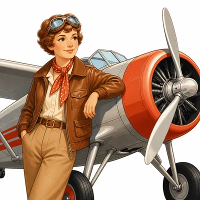 Amelia Earhart standing beside a vintage airplane.