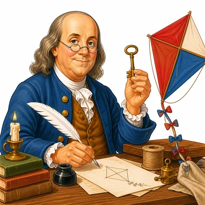 Benjamin Franklin with a quill, kite, and key at a worktable.