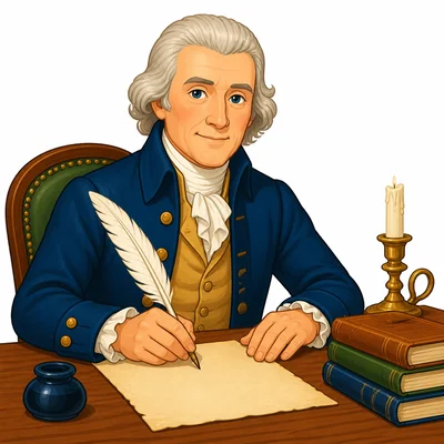 Thomas Jefferson writing with a quill on a blank parchment.