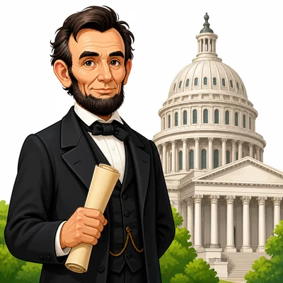 Abraham Lincoln holding a rolled paper near a government building.