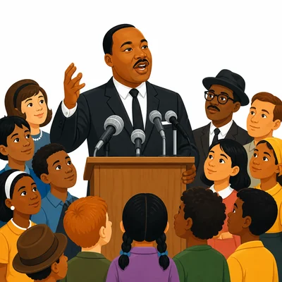Martin Luther King Jr. speaking to a diverse peaceful crowd.