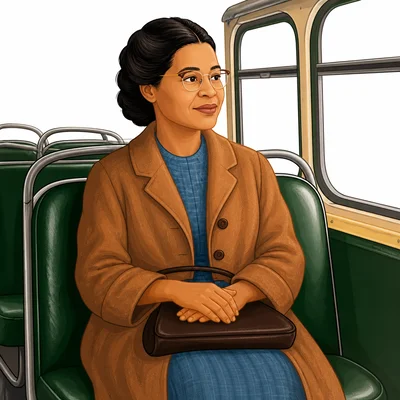 Rosa Parks sitting calmly on a bus seat.