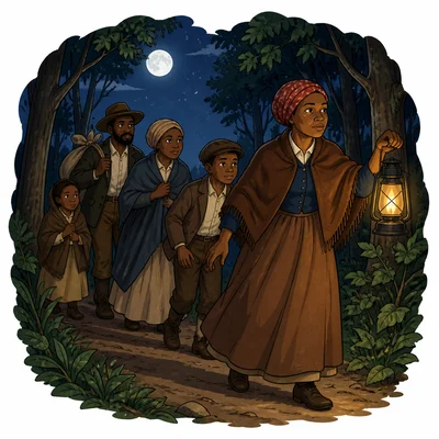 Harriet Tubman guiding people along a nighttime forest path.
