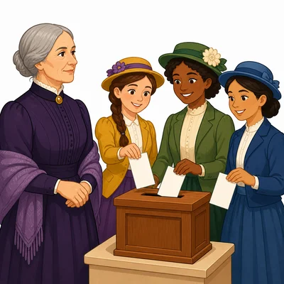 Susan B. Anthony beside women placing blank ballots in a box.