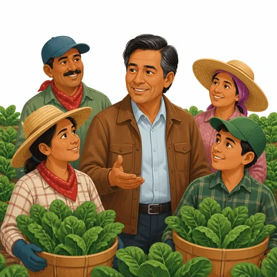 Cesar Chavez with farm workers in a crop field.