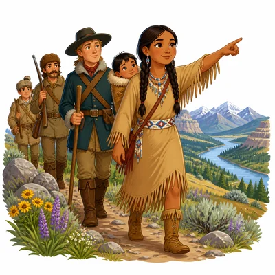 Sacagawea guiding explorers through a western landscape.