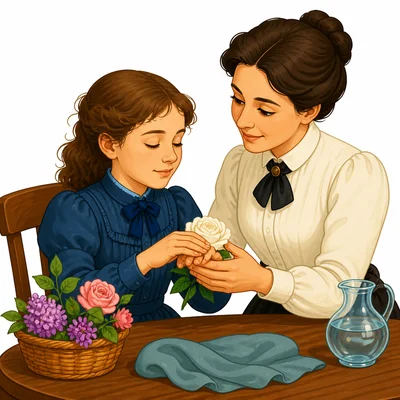 Helen Keller learning with a teacher at a table.
