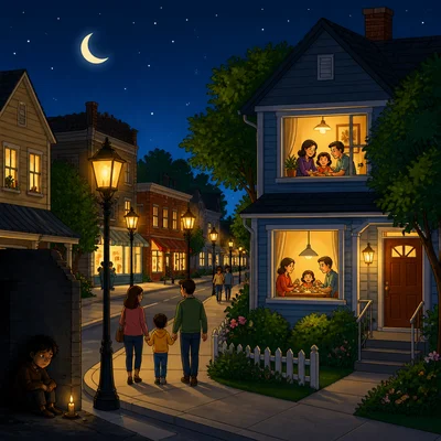A home and town street lit by warm electric lights at night.