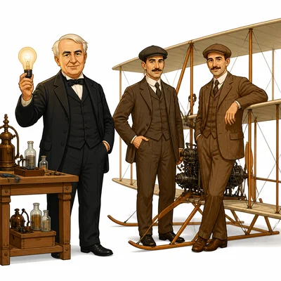 Thomas Edison with a light bulb stands near the Wright brothers with an early airplane.