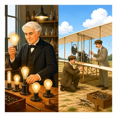 Edison works with electric lights while the Wright brothers work with an airplane.