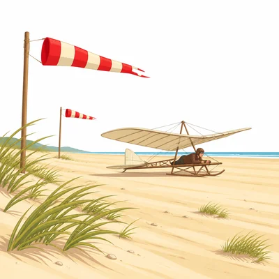 A windy sandy open beach with an early airplane ready for testing.
