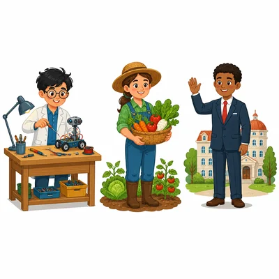 An inventor, a farmer, and a mayor-like person shown as three choices.