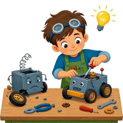 A young inventor keeps working to fix and improve a machine.