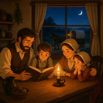 A family before electric lights reads by candlelight while a horse wagon passes outside.