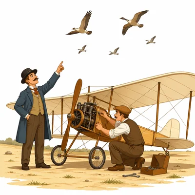 Two inventors work on an early airplane while looking at birds flying.