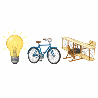 A light bulb, a bicycle, and an early airplane shown as three choices.